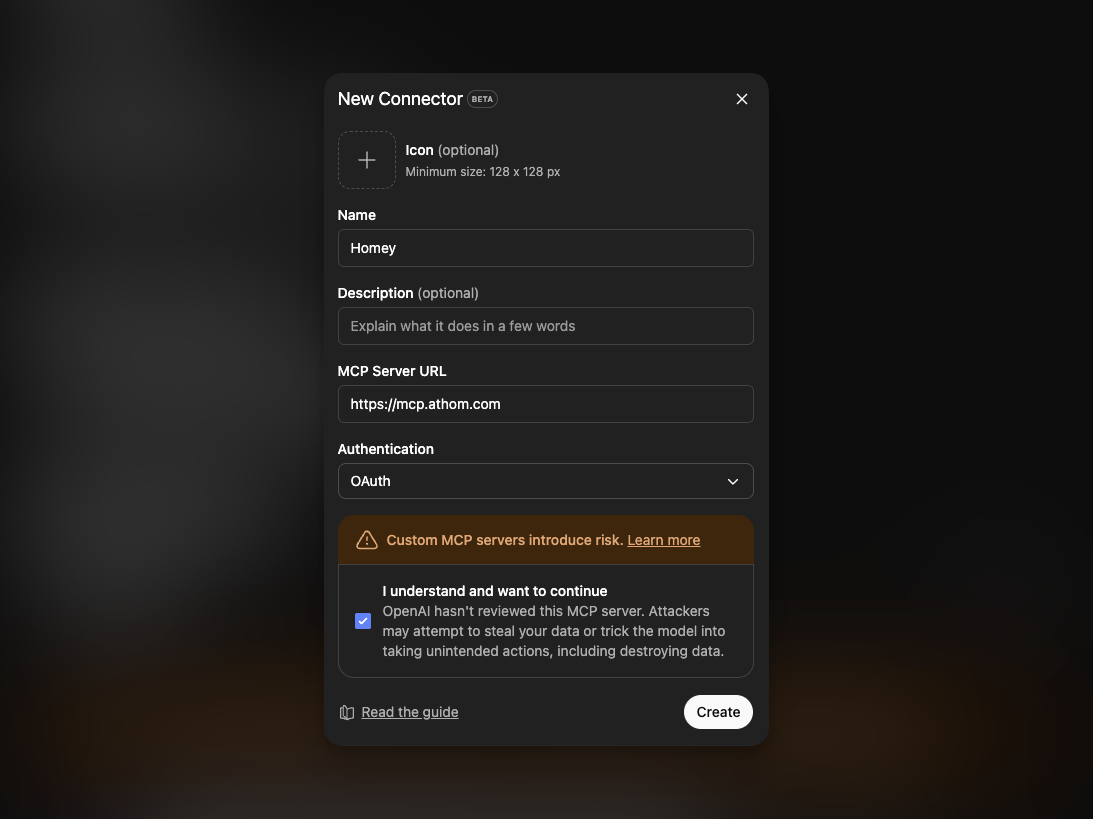 Creating a new connector in ChatGPT