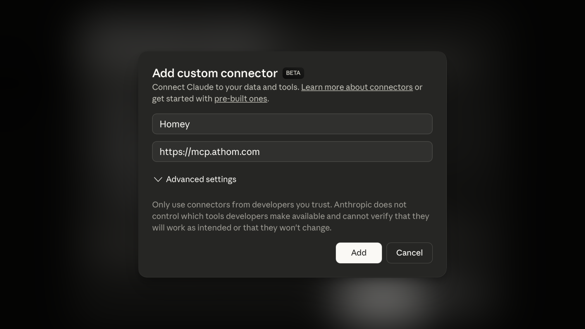Adding a custom connector in Claude