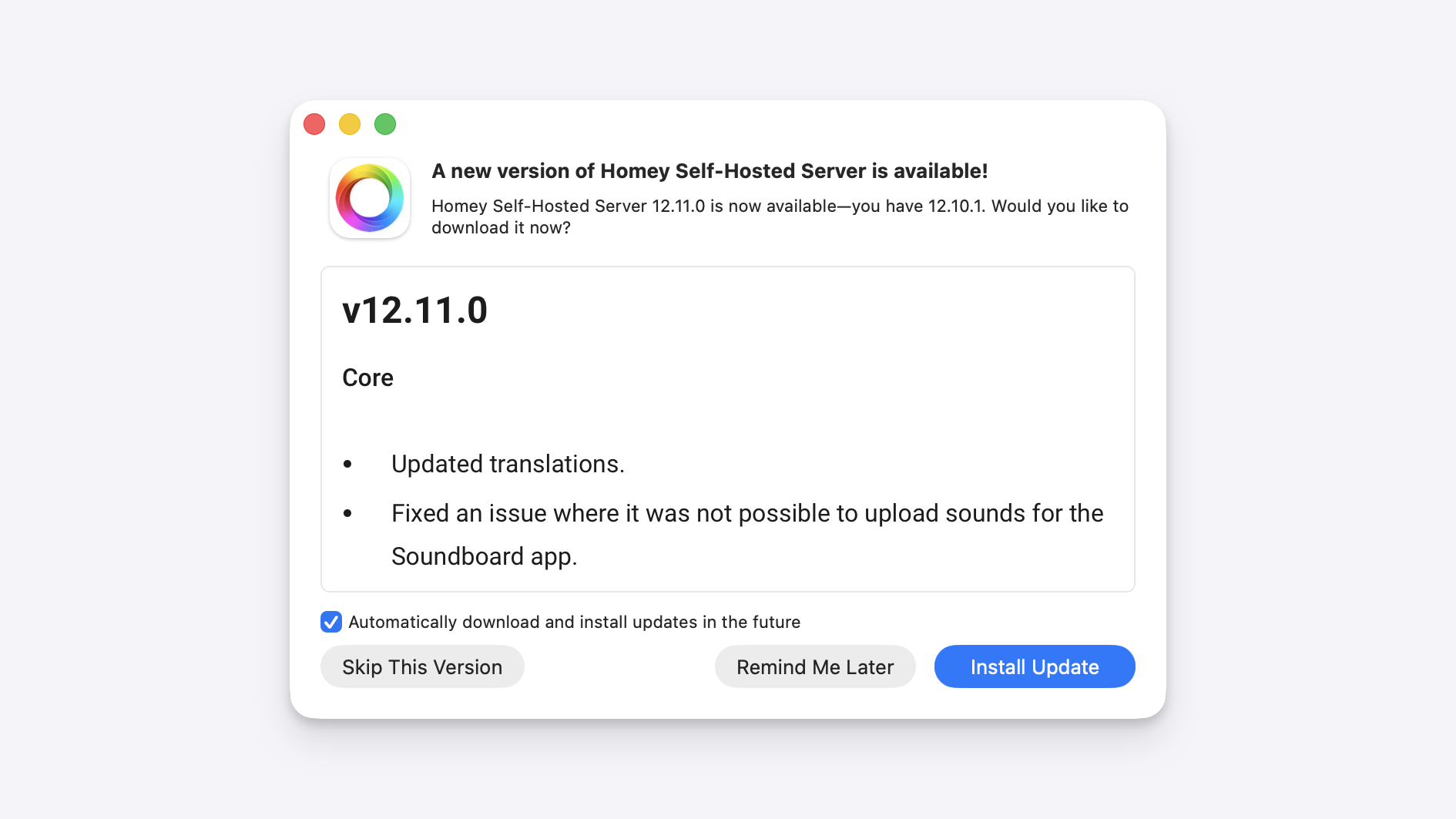 Automatic updates for the Homey Self-Hosted Server macOS app