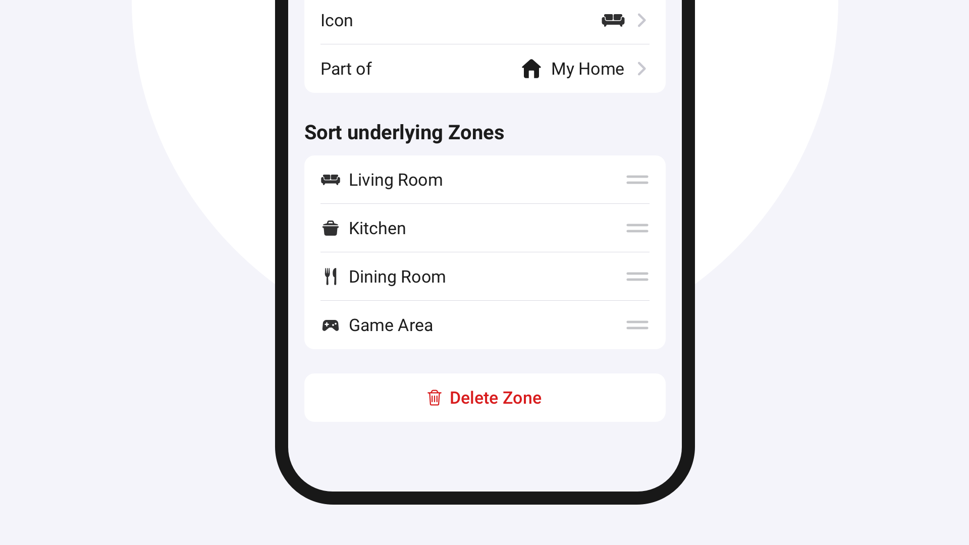 Sortable Zones in the Homey Mobile App