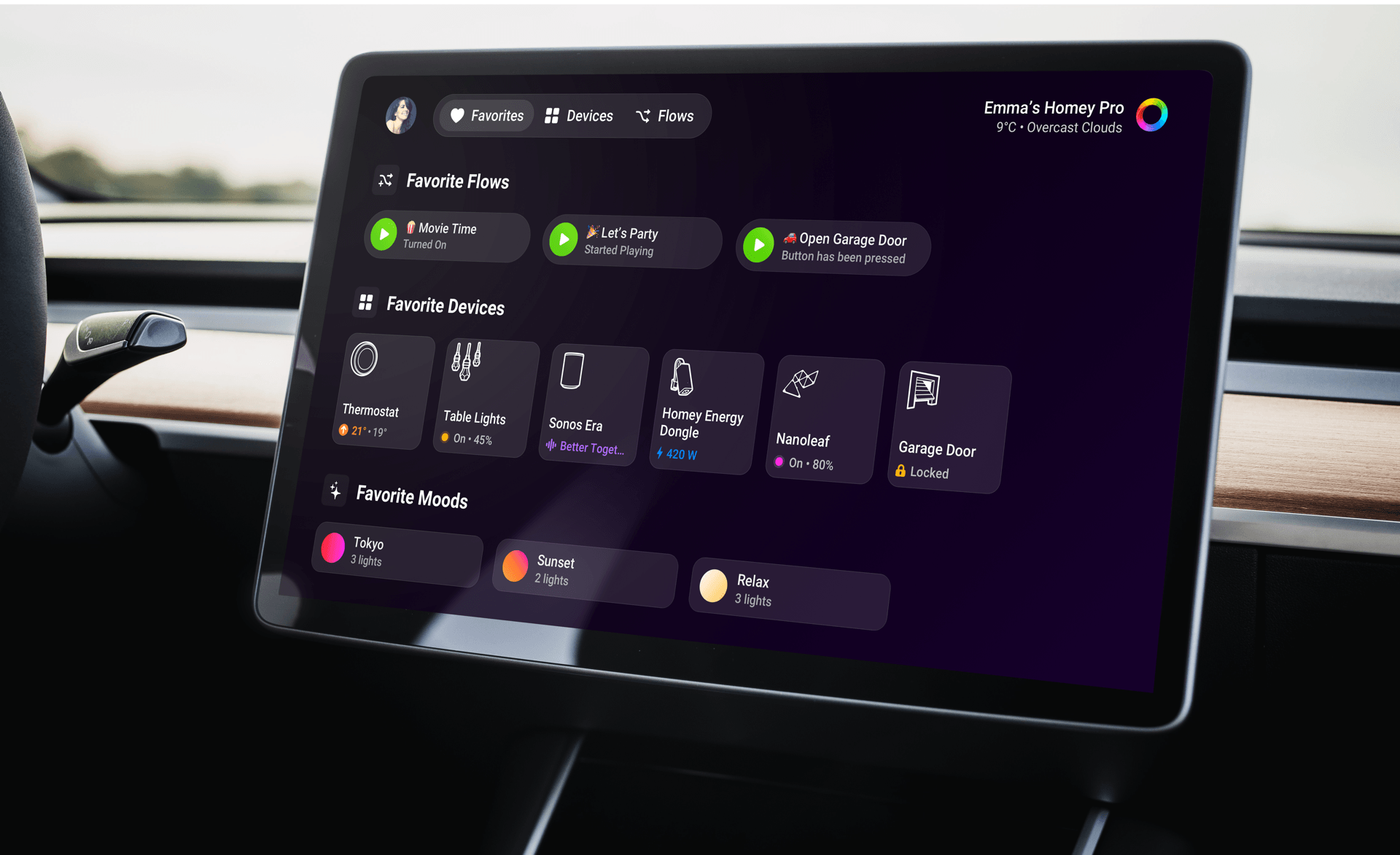 Homey running in a car browser, showing Favorites with Flows, Devices, and Moods