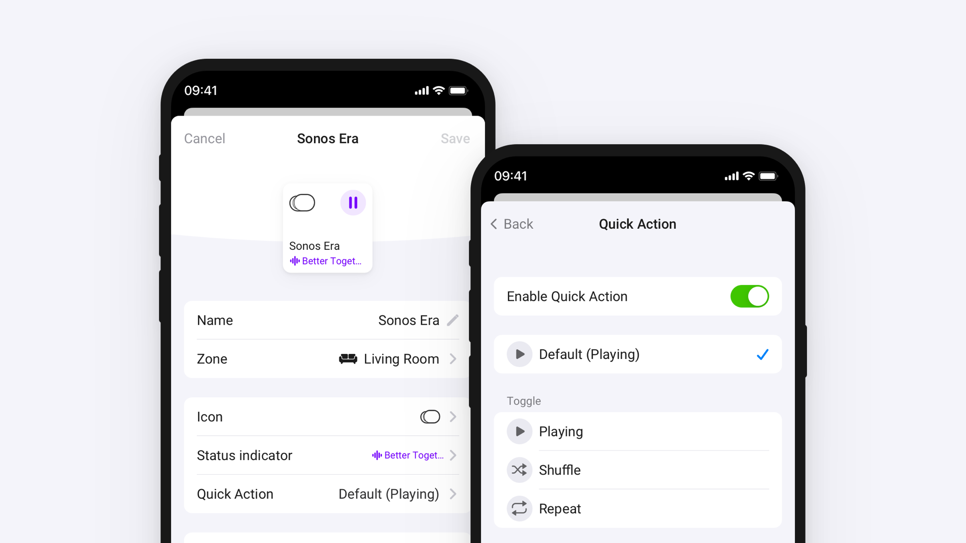 Homey app screens for changing a device's quick action, showing toggle options like Playing, Shuffle, and Repeat for a Sonos speaker.