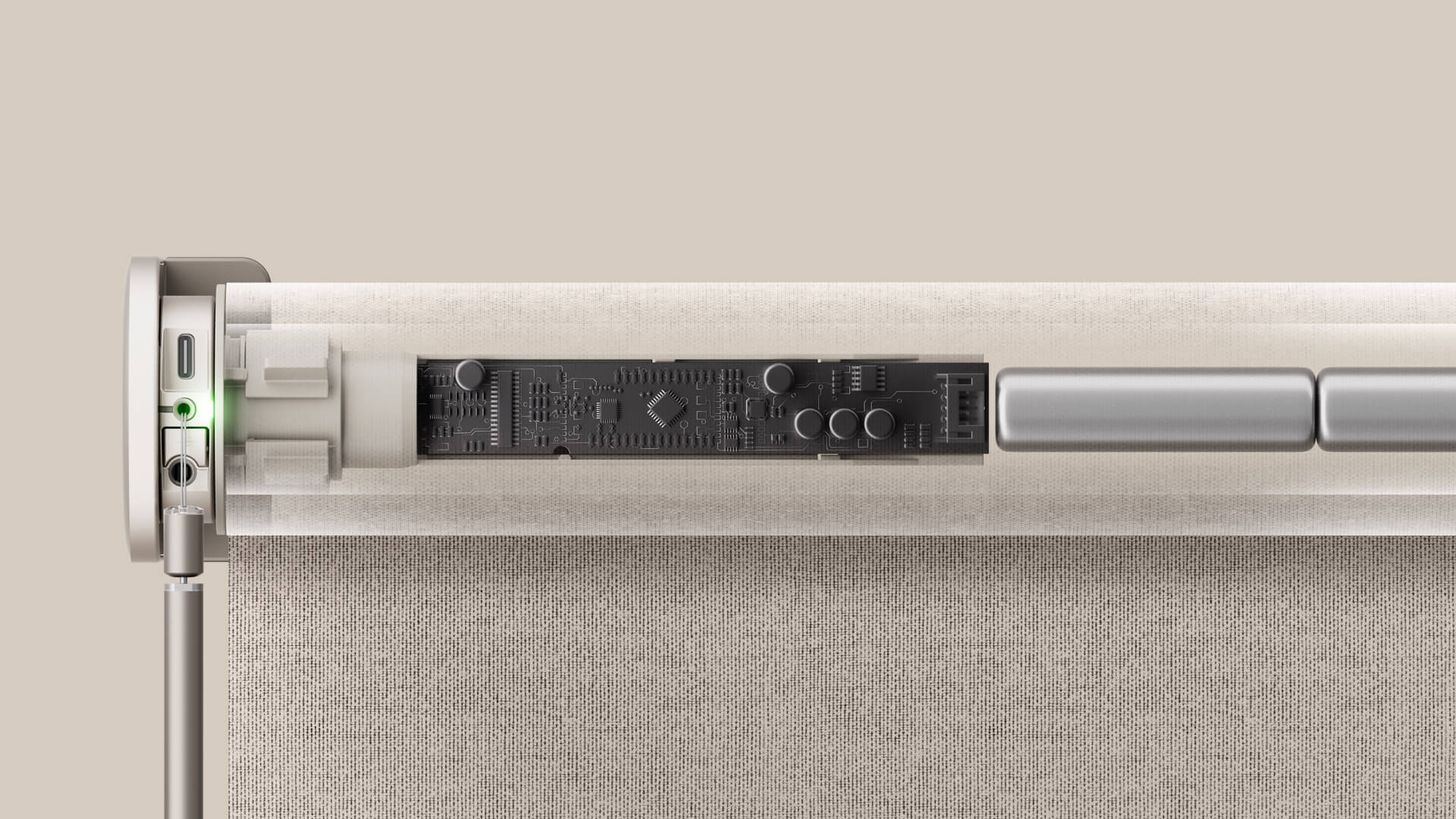 Close-up cutaway view of a Motionblinds motor inside a roller blind tube, showing the circuit board and drive mechanism