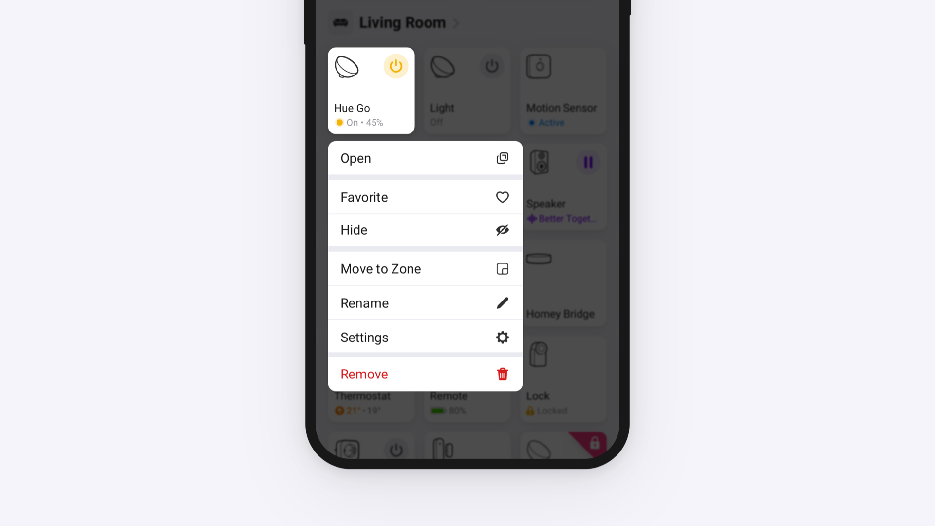 Homey's context menu for a device, opened with a long press.