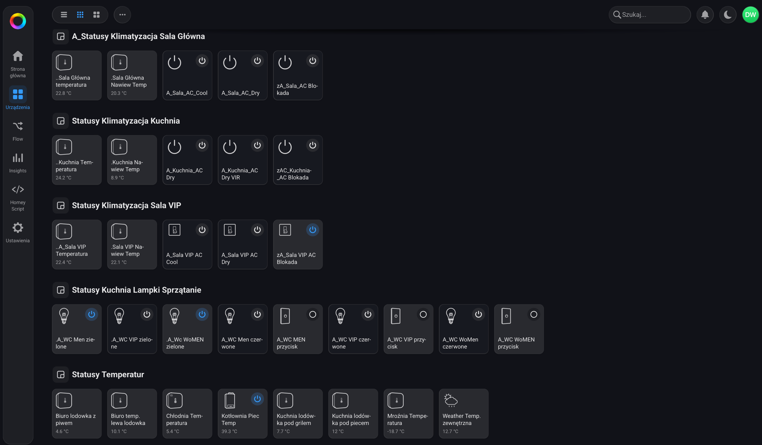 Homey Web App showing air-conditioning zones, restroom status lights, and fridge and freezer temperatures