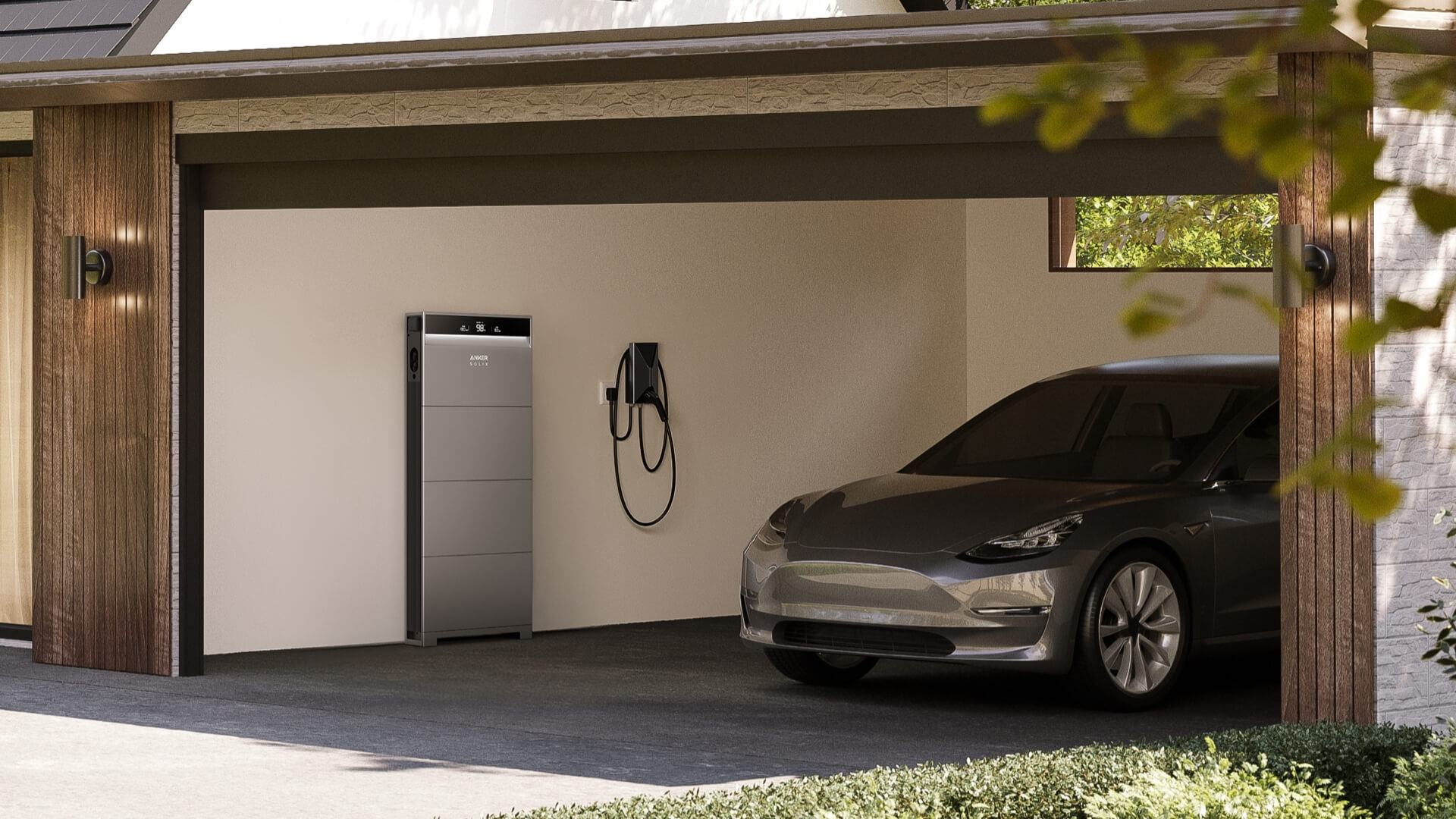 Anker SOLIX home battery mounted on a carport wall next to an EV charger and an electric car