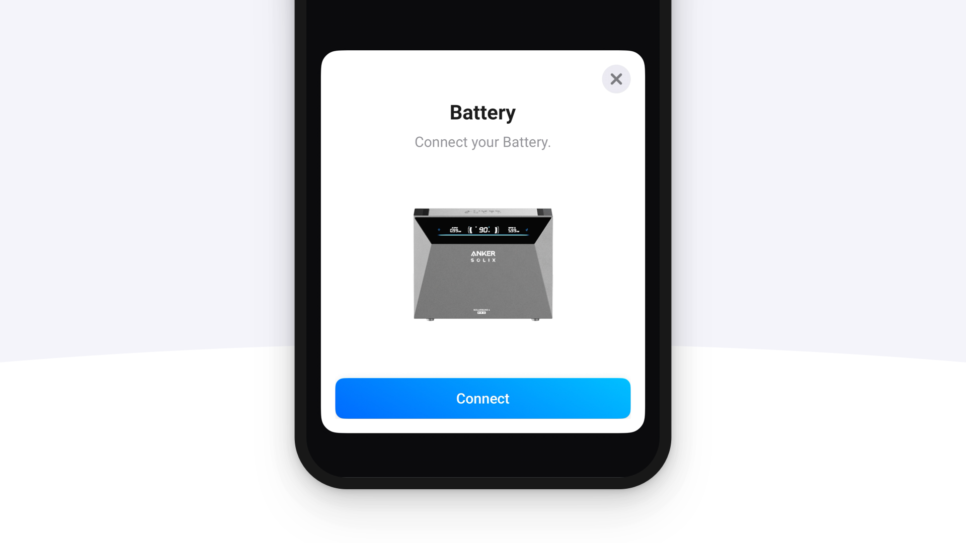 Homey app screen for adding an Anker SOLIX battery, with a Connect button