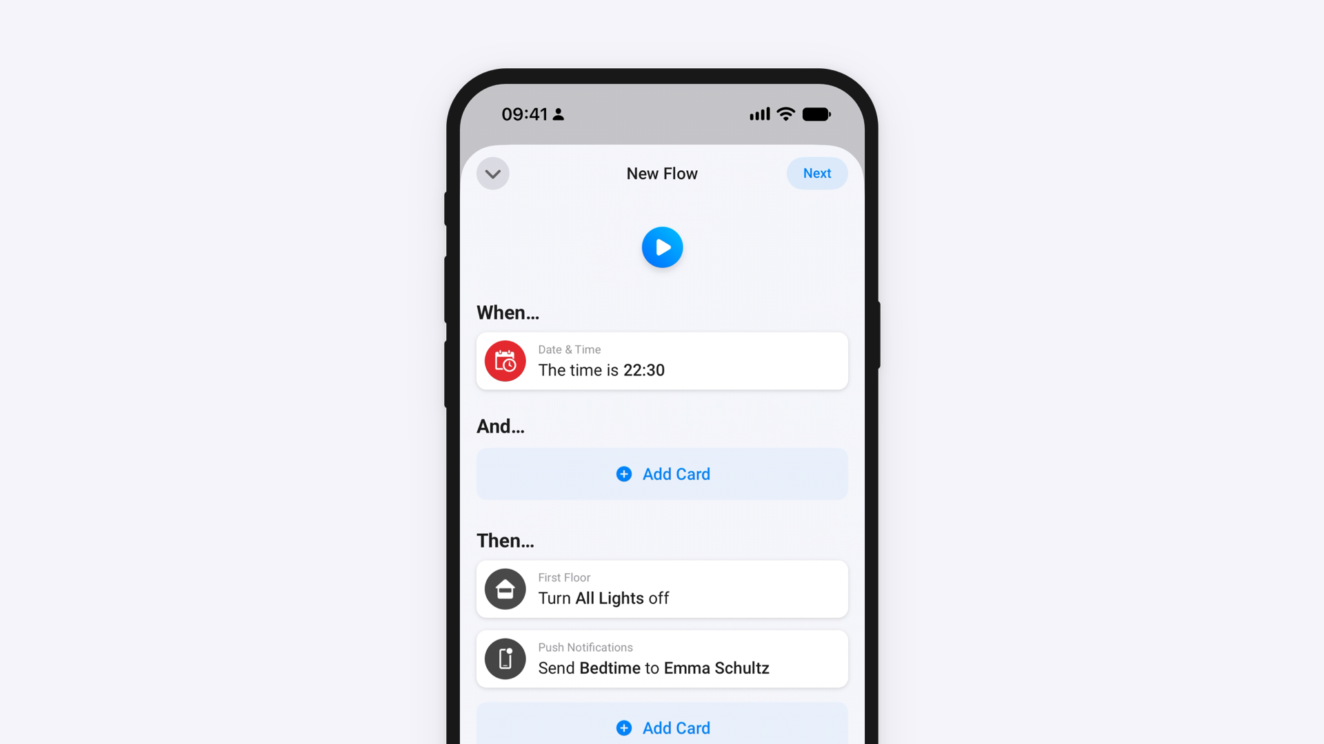 A Flow in the Homey Mobile App: when the time is 22:30, turn all lights off on the first floor and send “Bedtime” as a push notification.