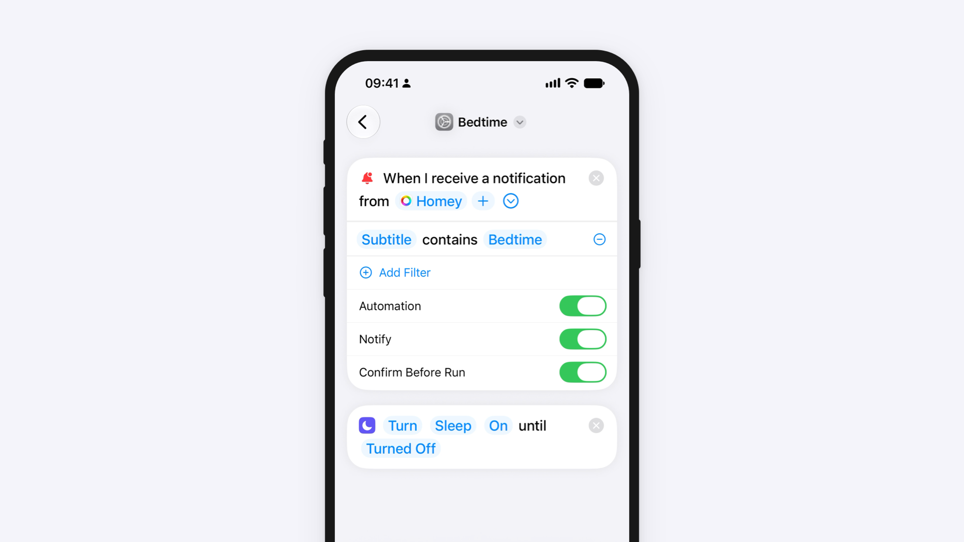 The same automation with its settings shown. Automation, Notify, and Confirm Before Run are all turned on.